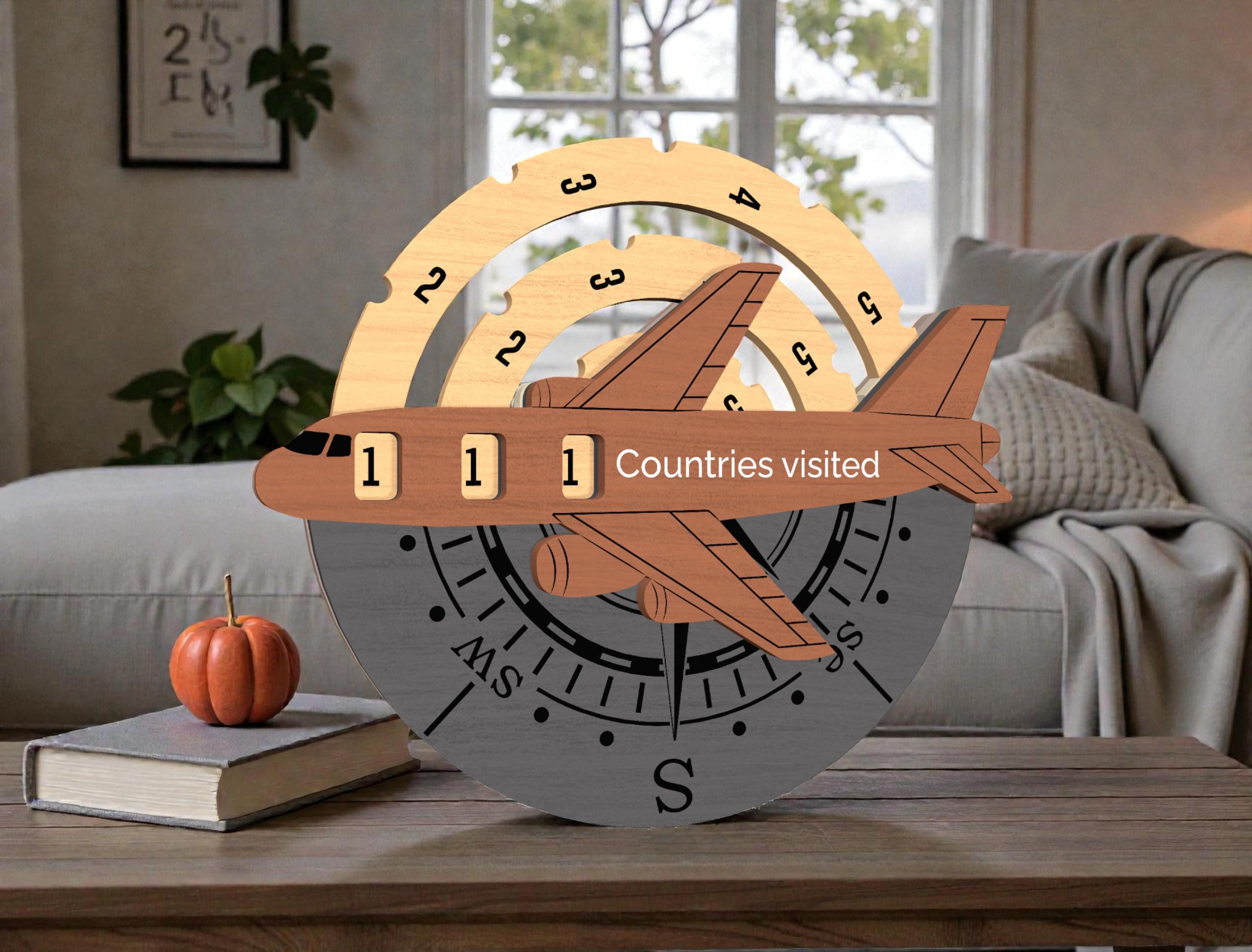 Countries Visited Tracker Wooden Sign, Travel Counter Airplane Decor, World Travel Progress Board, Traveler Gift