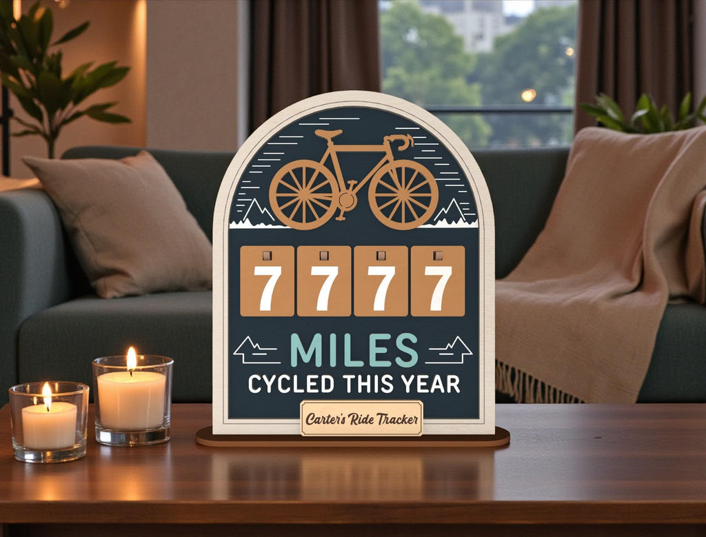 Personalized Miles Cycled Tracker Wooden Sign, Cycling Mileage Counter Tabletop Decor, Custom Bike Ride Tracker, Cyclist Gift