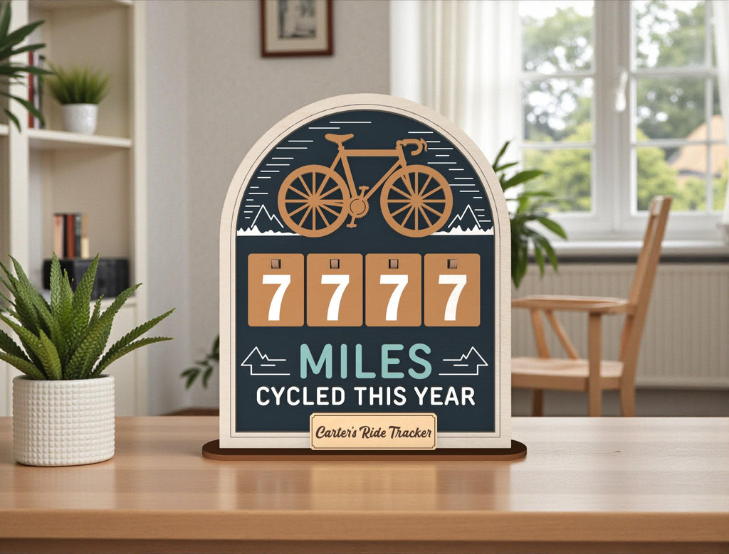Personalized Miles Cycled Tracker Wooden Sign, Cycling Mileage Counter Tabletop Decor, Custom Bike Ride Tracker, Cyclist Gift