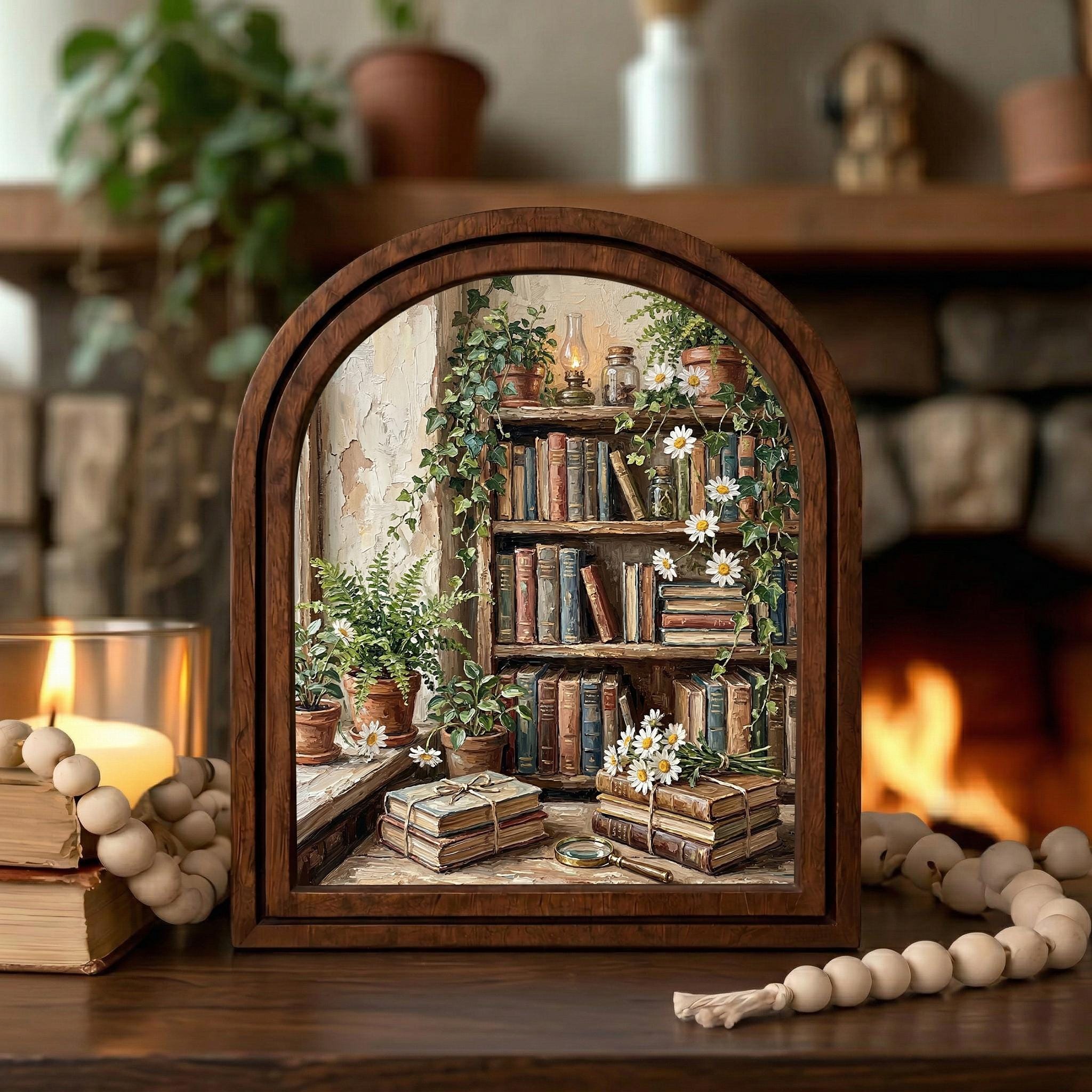 Dark Academia Decor, Vintage Bookshelf Art, Bookworm Wall Print, Cottagecore Library, Rustic Wood Canvas, Aesthetic Plant Poster, Gift