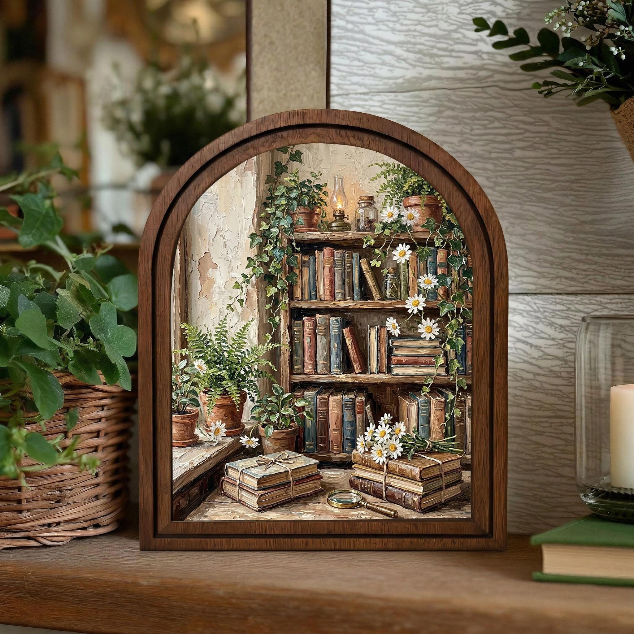 Dark Academia Decor, Vintage Bookshelf Art, Bookworm Wall Print, Cottagecore Library, Rustic Wood Canvas, Aesthetic Plant Poster, Gift