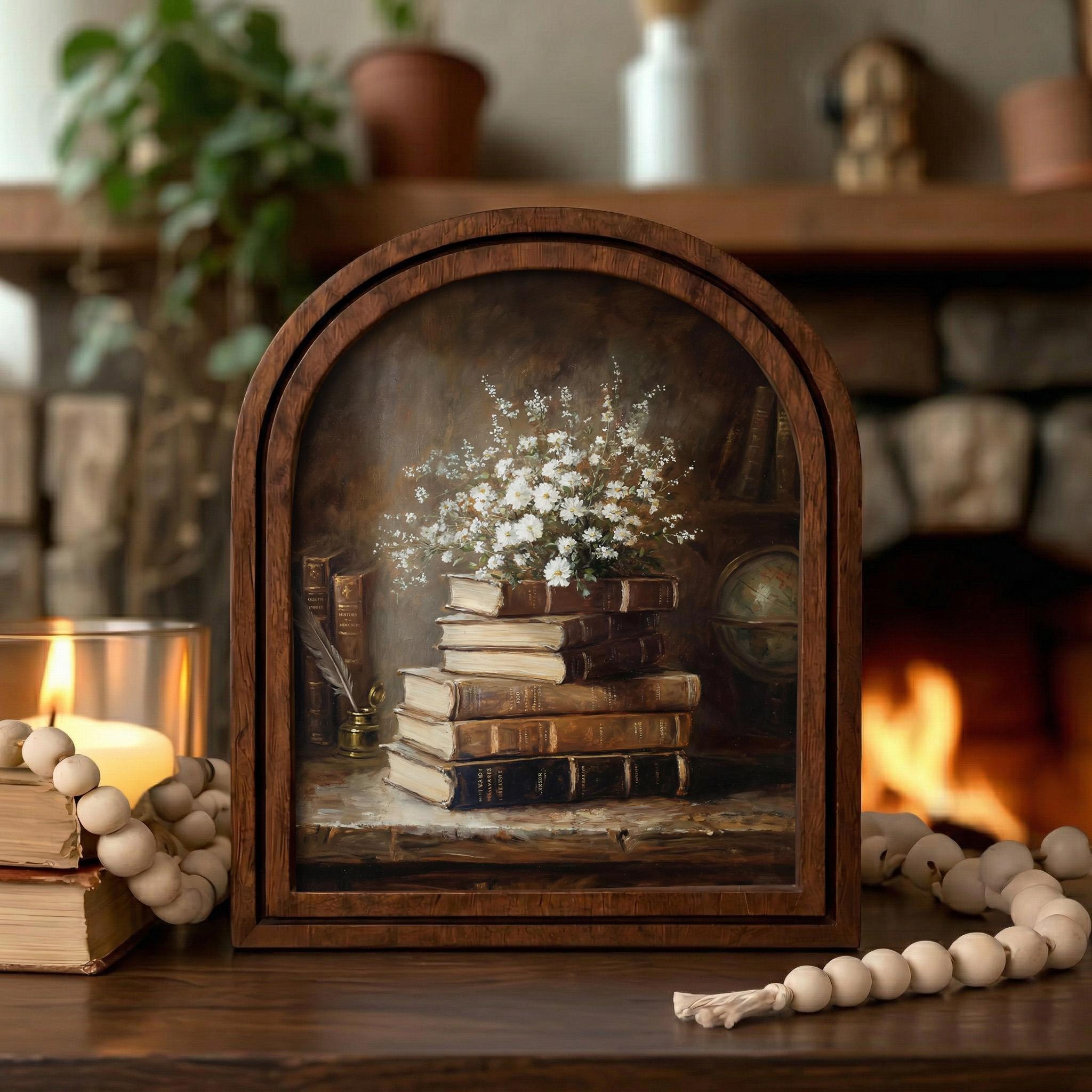 Dark Academia Decor, Vintage Book Painting, Flower Wall Art, Antique Still Life Print, Rustic Wood Canvas Art, Aesthetic Library Poster,Gift