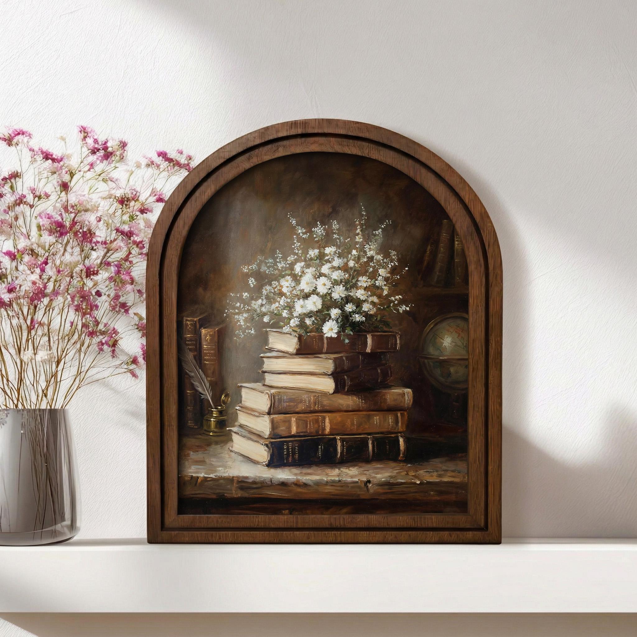 Dark Academia Decor, Vintage Book Painting, Flower Wall Art, Antique Still Life Print, Rustic Wood Canvas Art, Aesthetic Library Poster,Gift