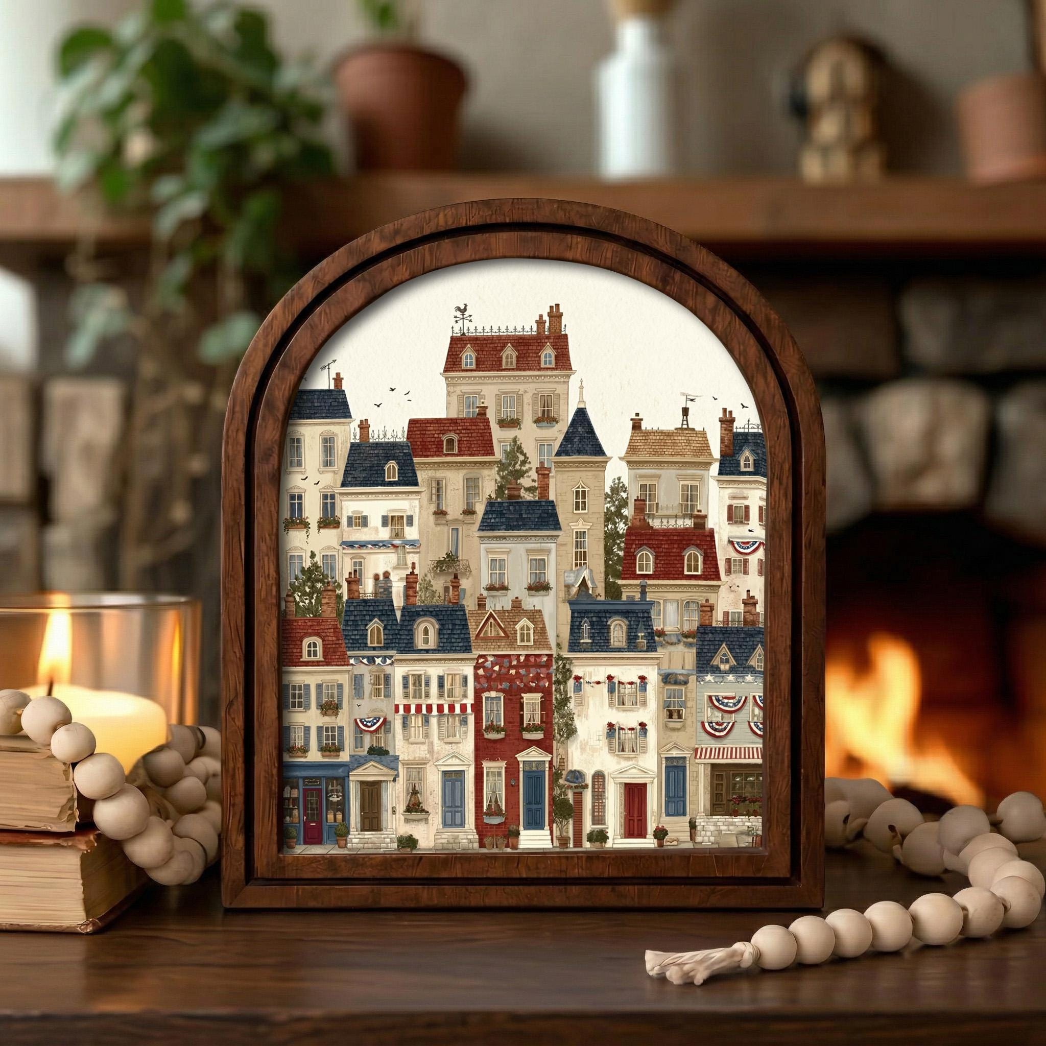 Whimsical Wall Art, Vintage Townhouse Print, Paris Architecture Poster, Cute House Illustration, Rustic Wood Canvas Art, European City Decor