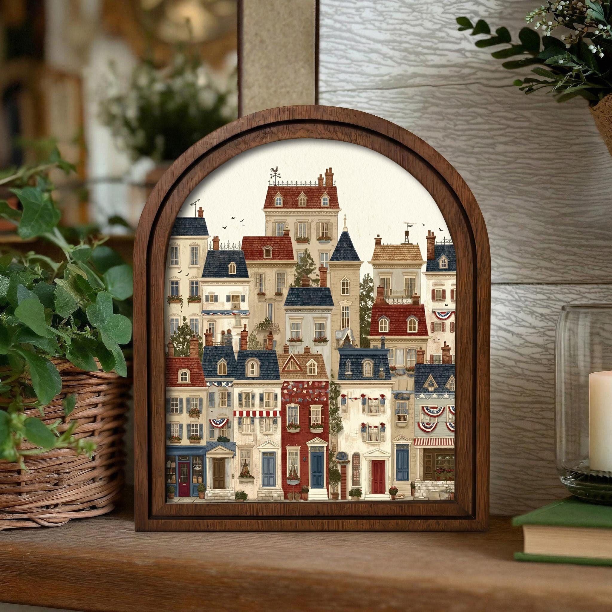 Whimsical Wall Art, Vintage Townhouse Print, Paris Architecture Poster, Cute House Illustration, Rustic Wood Canvas Art, European City Decor