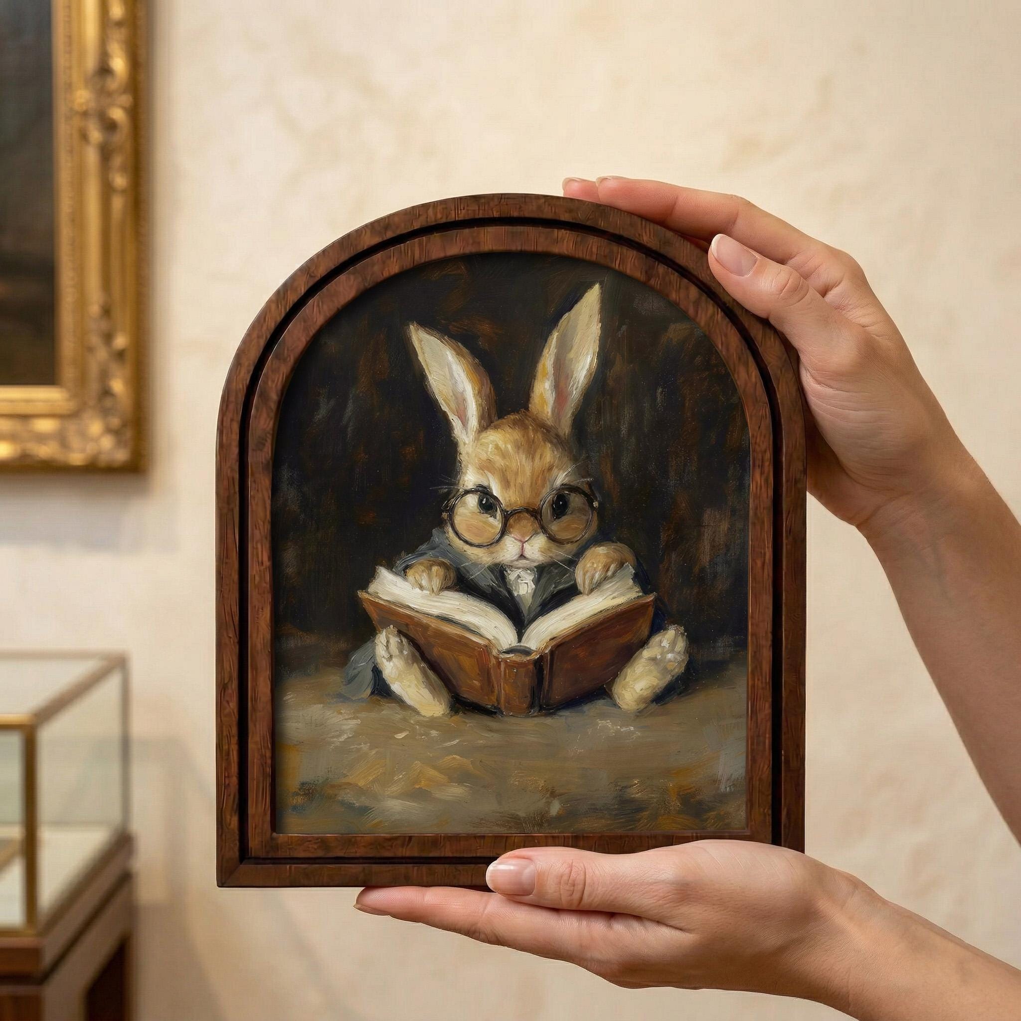 Cottagecore Wall Art, Reading Bunny Painting, Dark Academia Decor, Cute Rabbit Print, Vintage Wood Canvas Art, Academic Animal Poster, Gift
