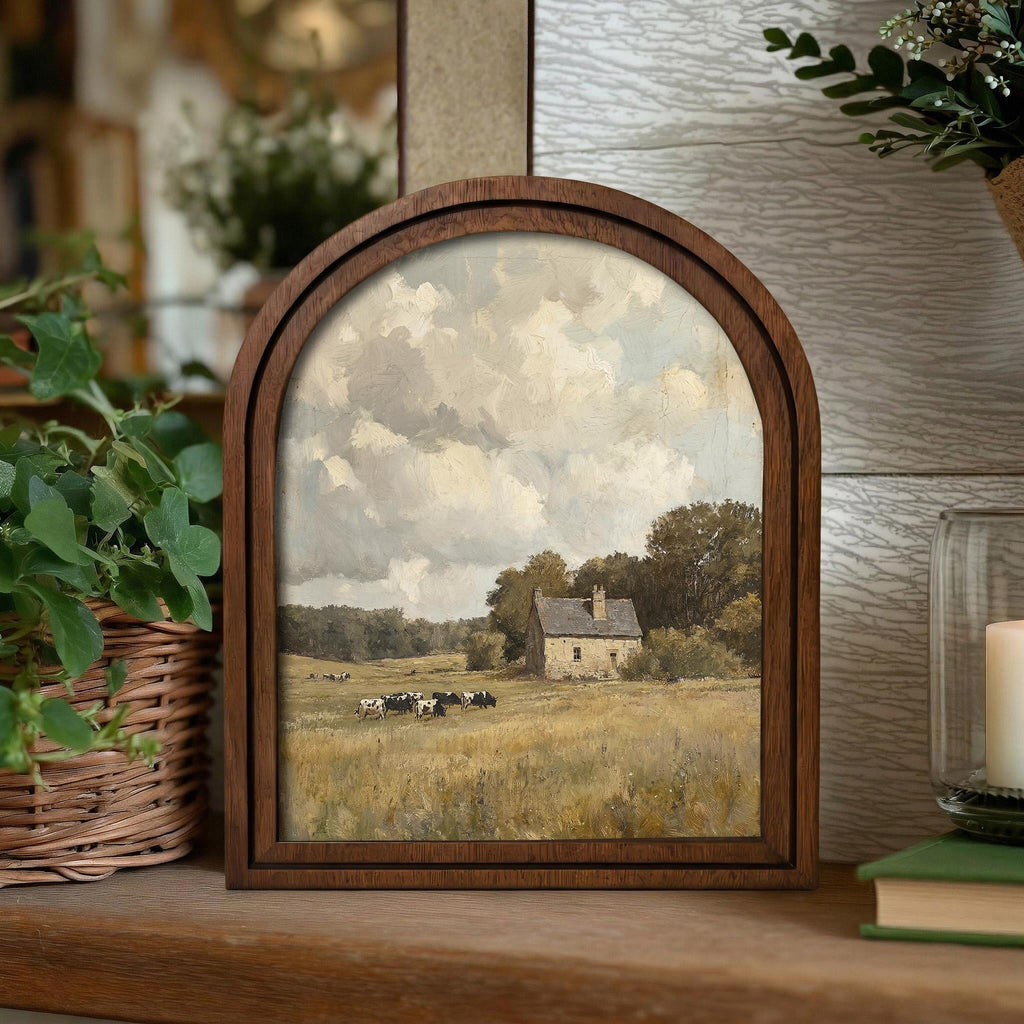 Vintage Farmhouse Cow Landscape Wood Arch Frame, Rustic Stone Cottage Oil Painting, Country Meadow Wall Art, European Farm Canvas Print Gift