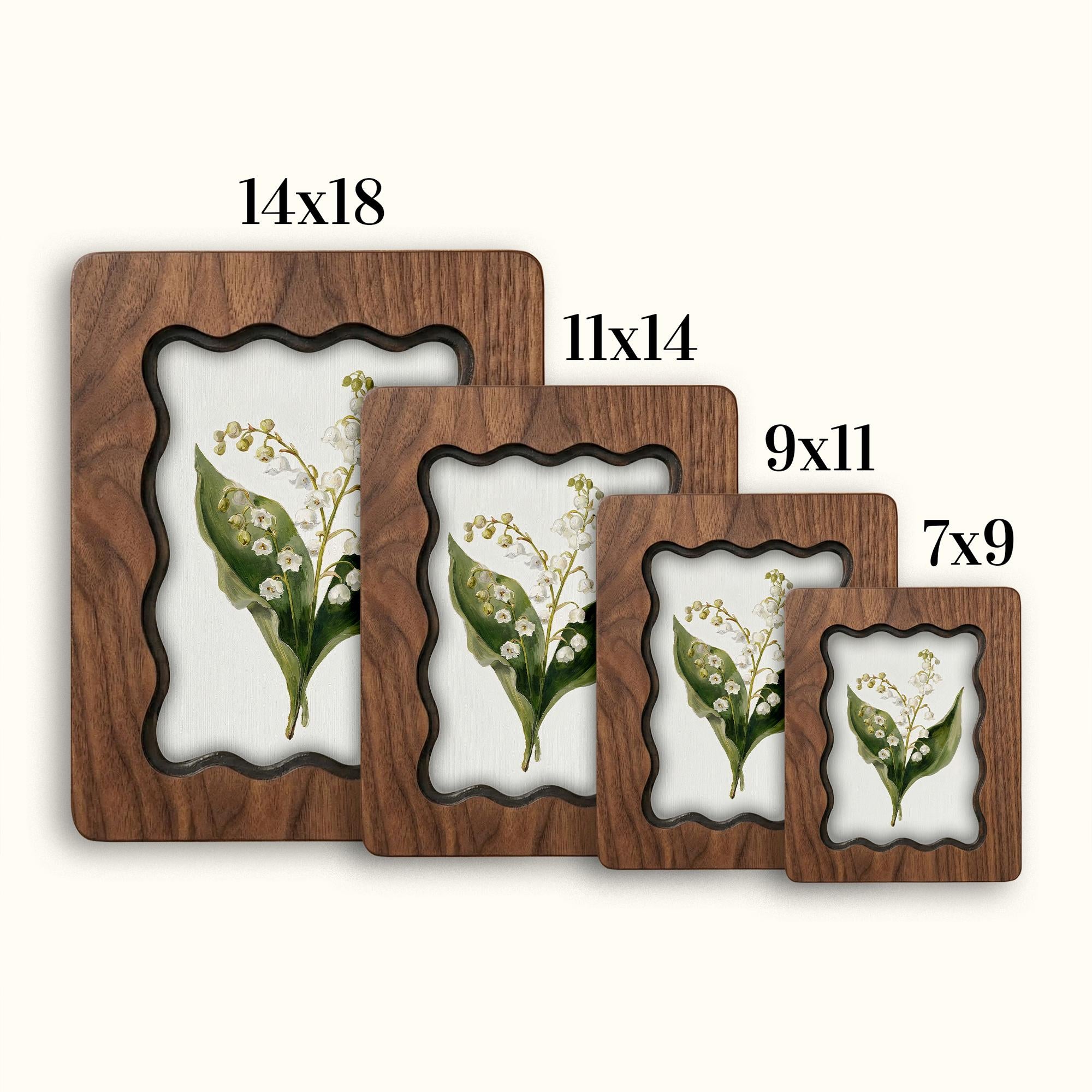 Handmade Scalloped Wood Picture Frame, 3-Layer Plywood Floral Art Frame, Wavy Border Walnut Finish Photo Frame