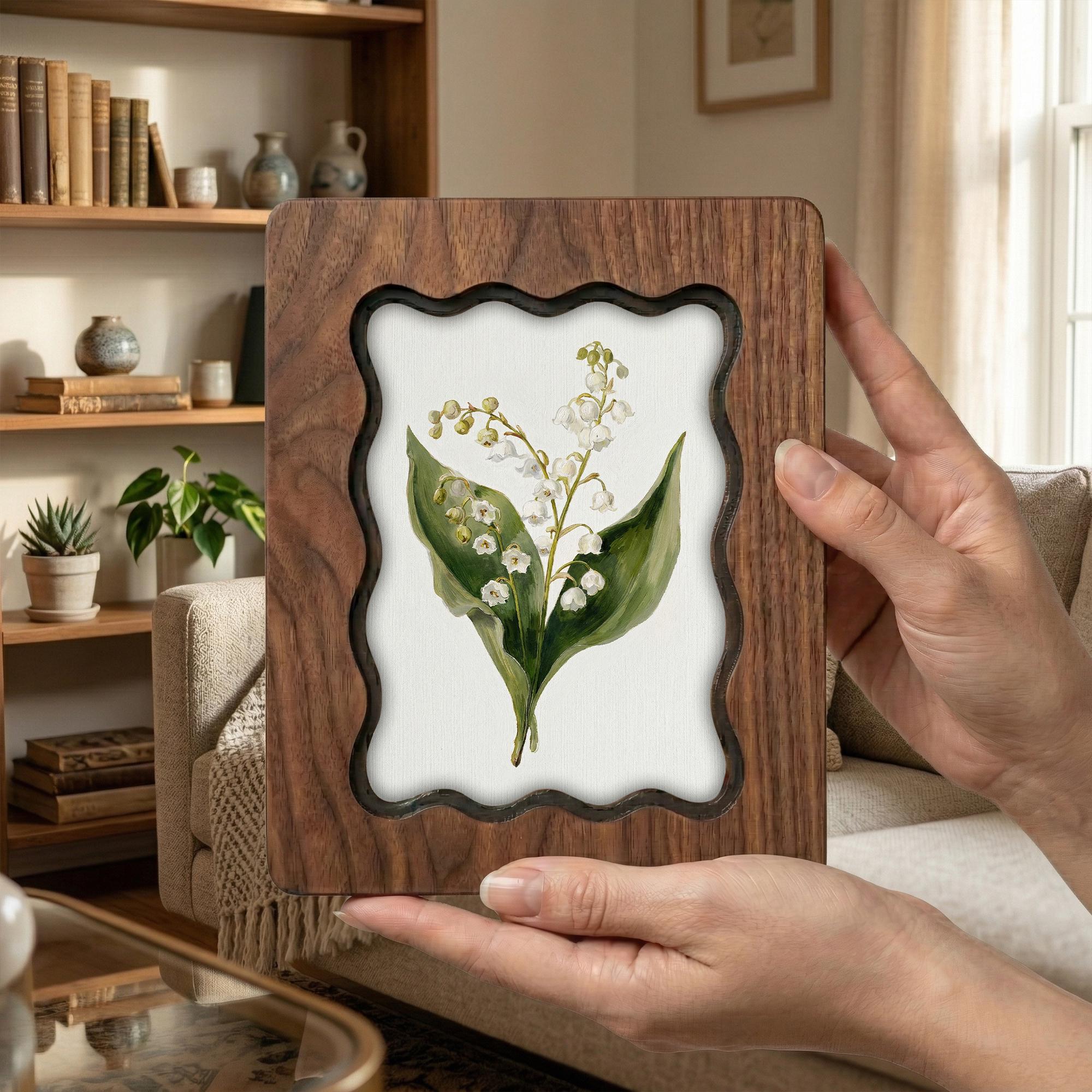 Handmade Scalloped Wood Picture Frame, 3-Layer Plywood Floral Art Frame, Wavy Border Walnut Finish Photo Frame