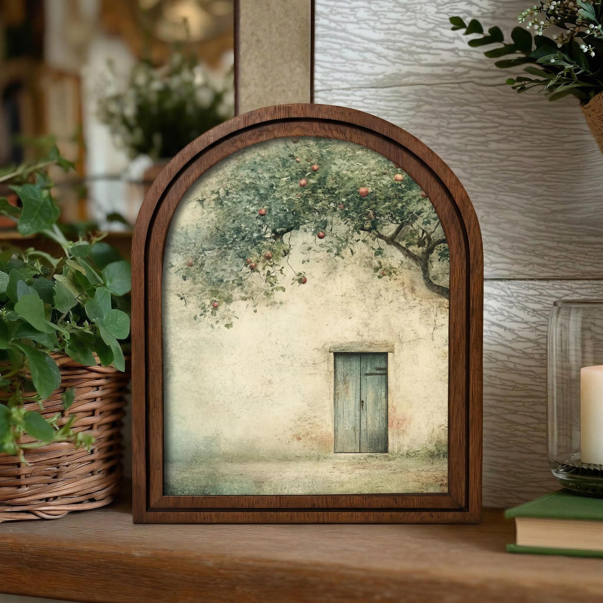 Tuscan Apple Tree Oil Painting Wood Arch Frame, Italian Cottage Wall Art, Rustic Apple Orchard Canvas Print, Mediterranean Home Decor Gift
