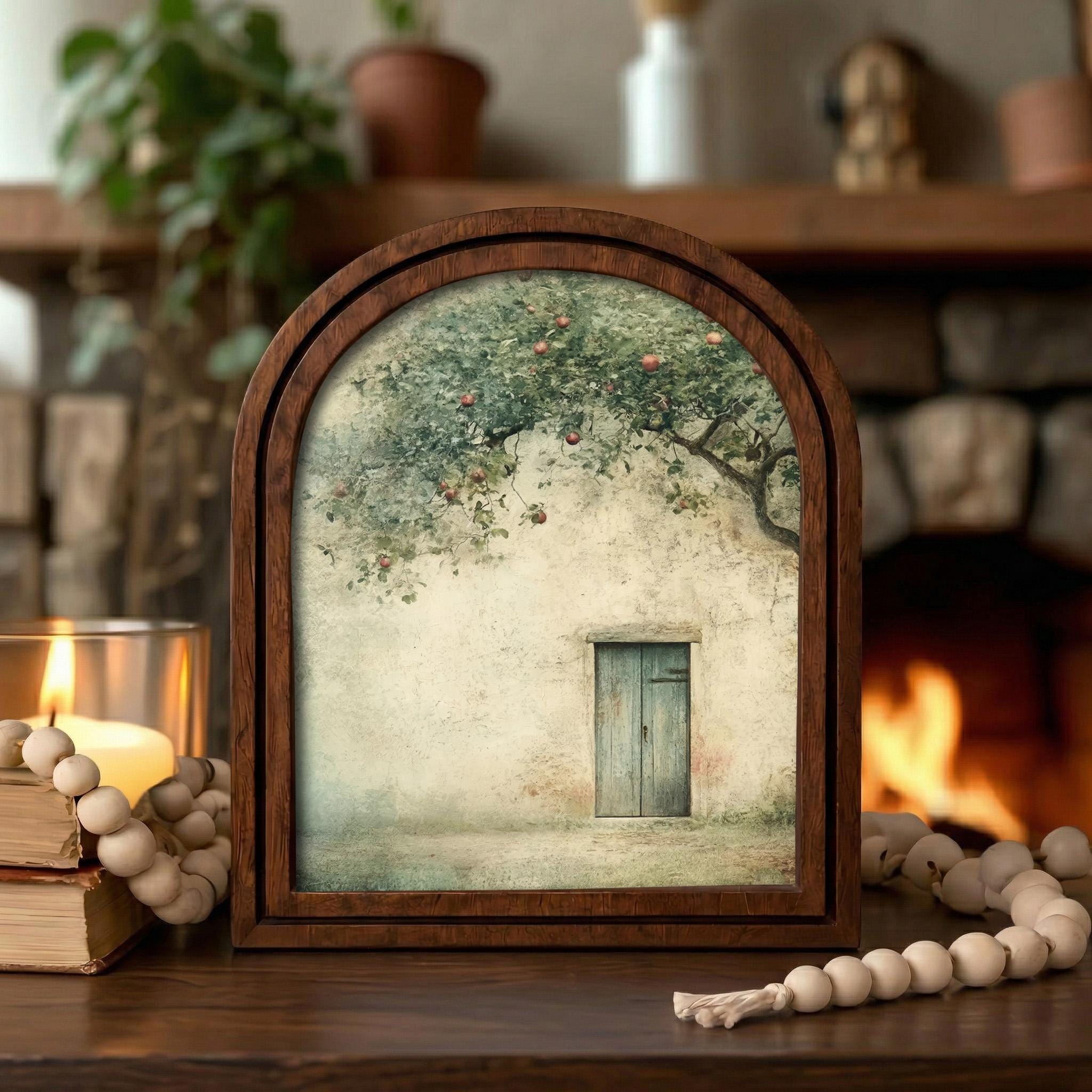 Tuscan Apple Tree Oil Painting Wood Arch Frame, Italian Cottage Wall Art, Rustic Apple Orchard Canvas Print, Mediterranean Home Decor Gift