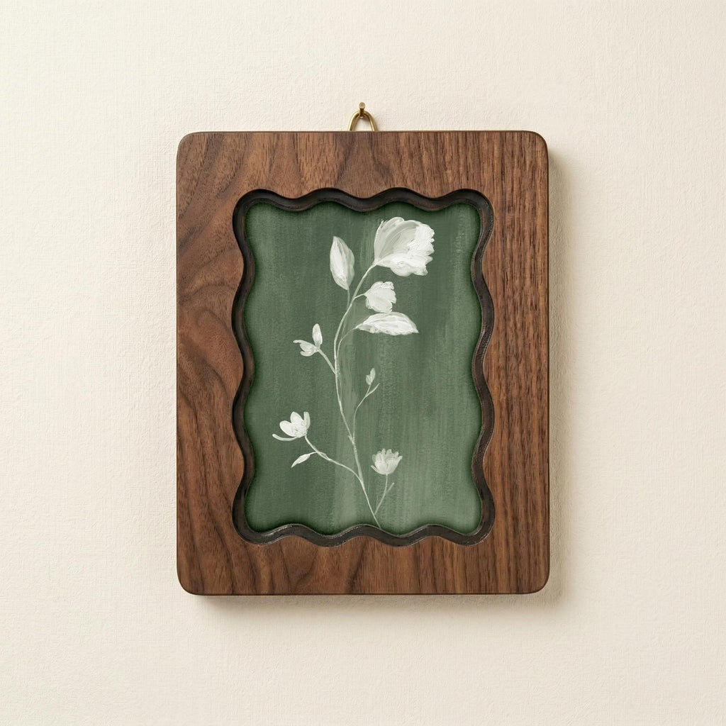 Sage Green Floral Wood Picture Frame, Scalloped Plywood Wall Decor, Wavy Border Botanical Art Frame, Minimalist Nature Gift