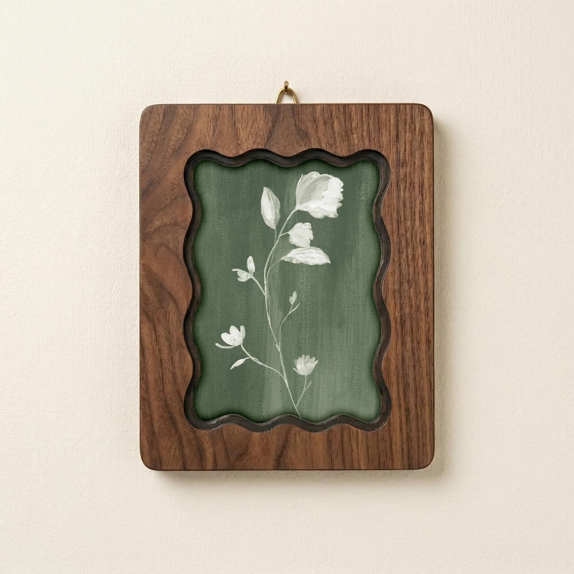 Sage Green Floral Wood Picture Frame, Scalloped Plywood Wall Decor, Wavy Border Botanical Art Frame, Minimalist Nature Gift