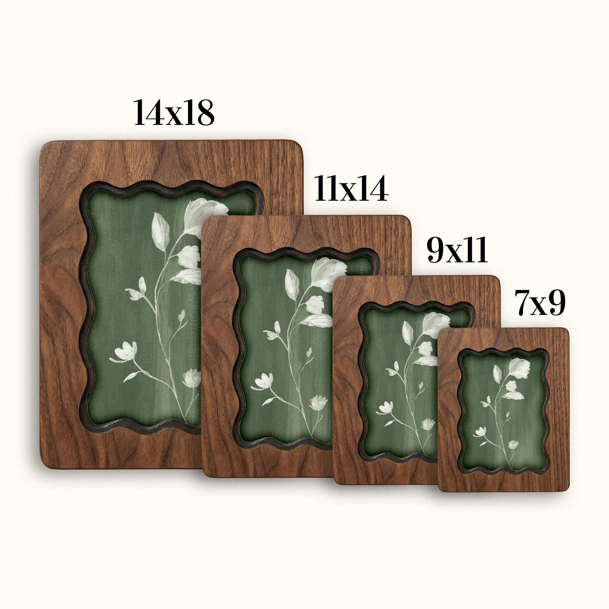 Sage Green Floral Wood Picture Frame, Scalloped Plywood Wall Decor, Wavy Border Botanical Art Frame, Minimalist Nature Gift