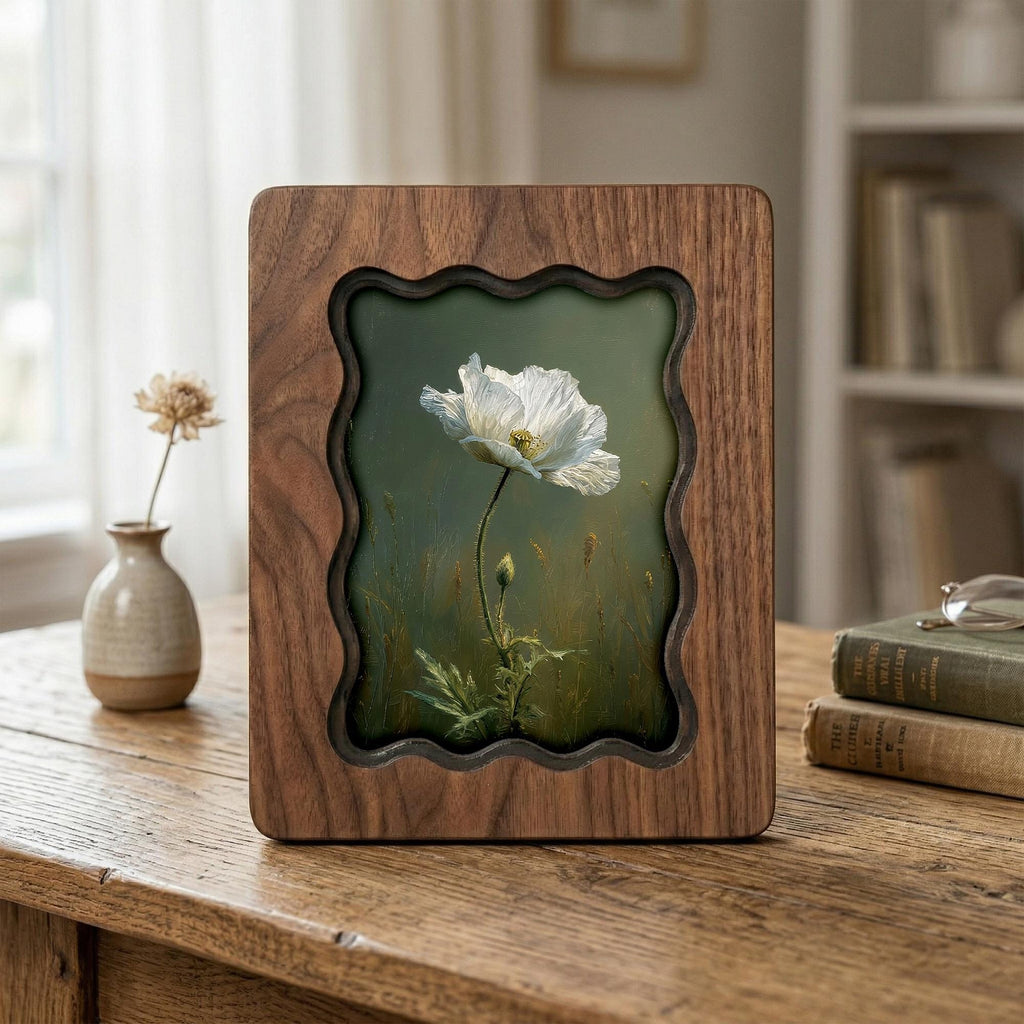 White Poppy Floral Wood Picture Frame, Scalloped Plywood Wall Art, Wavy Border Botanical Decor, Vintage Nature Print 7x9 9x11 11x14 14x18
