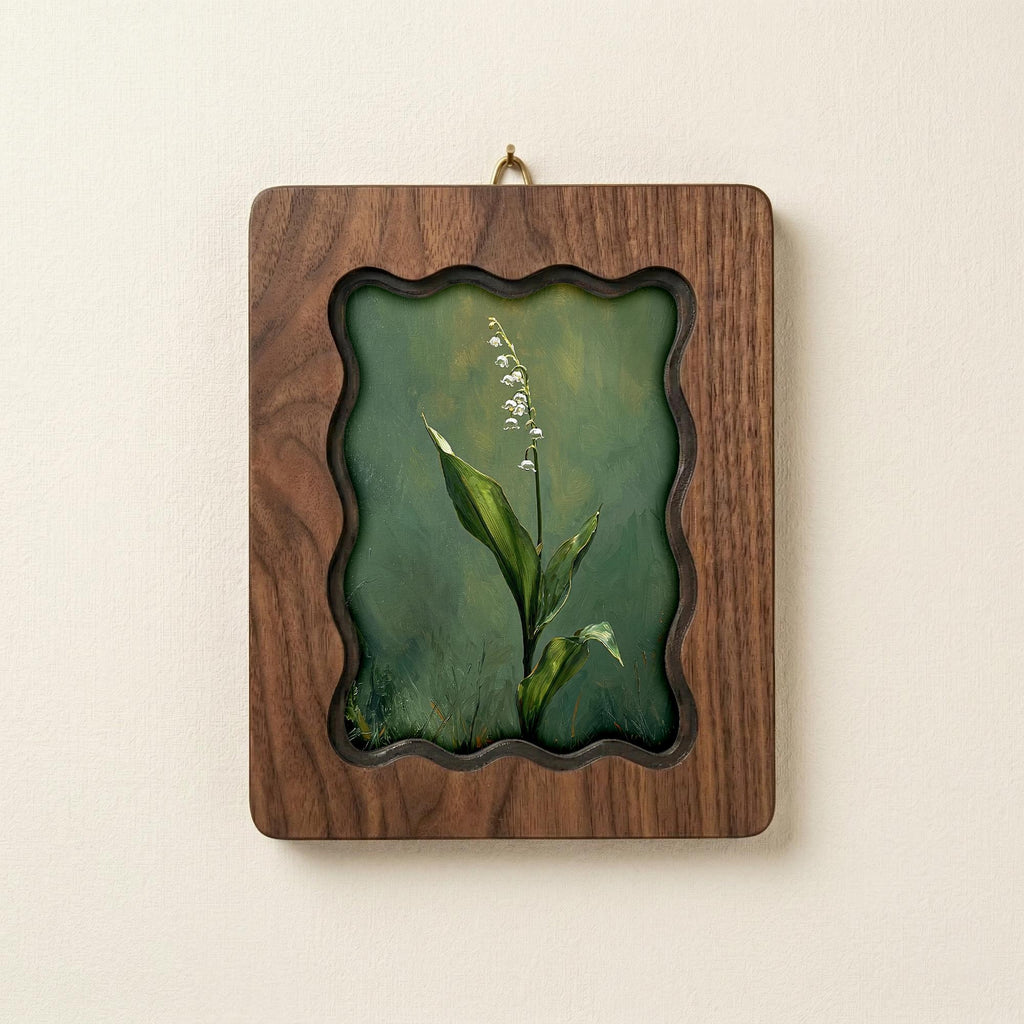 Lily of the Valley Wood Picture Frame, Scalloped Plywood Wall Decor, Wavy Border Botanical Art, May Birth Flower Gift 7x9 9x11 11x14 14x18