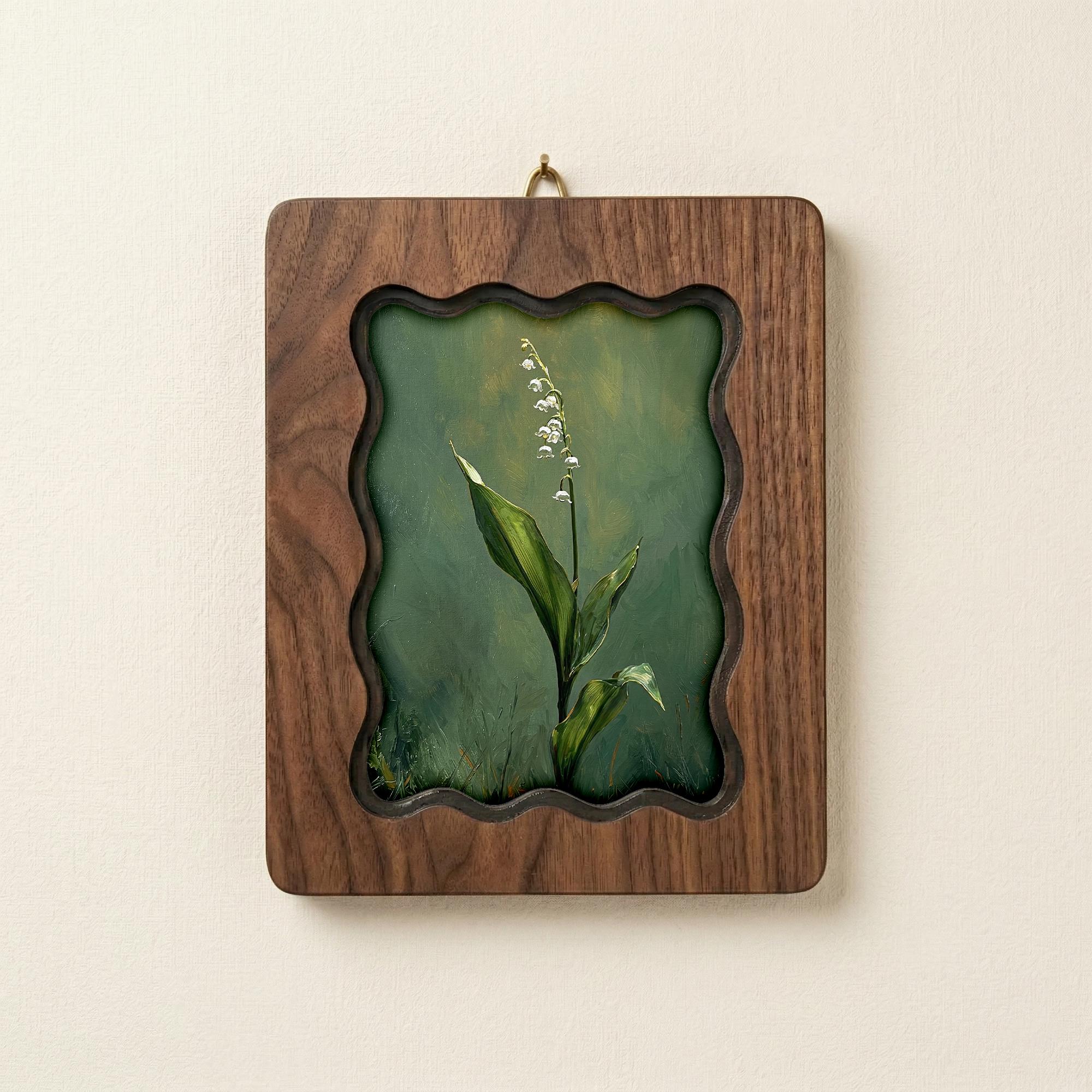 Lily of the Valley Wood Picture Frame, Scalloped Plywood Wall Decor, Wavy Border Botanical Art, May Birth Flower Gift 7x9 9x11 11x14 14x18