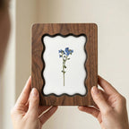 Blue Forget Me Not Pressed Flower Wall Art, Scalloped Walnut Plywood Frame, Botanical Wildflower Home Decor, 3-Layer Wood Floral Artwork