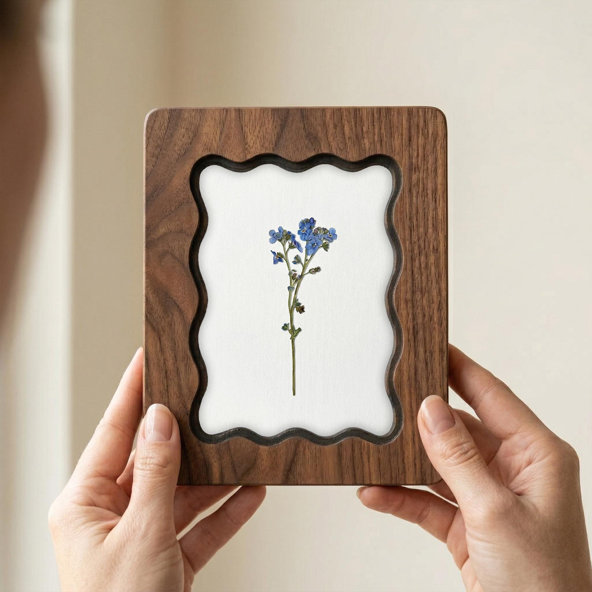 Blue Forget Me Not Pressed Flower Wall Art, Scalloped Walnut Plywood Frame, Botanical Wildflower Home Decor, 3-Layer Wood Floral Artwork