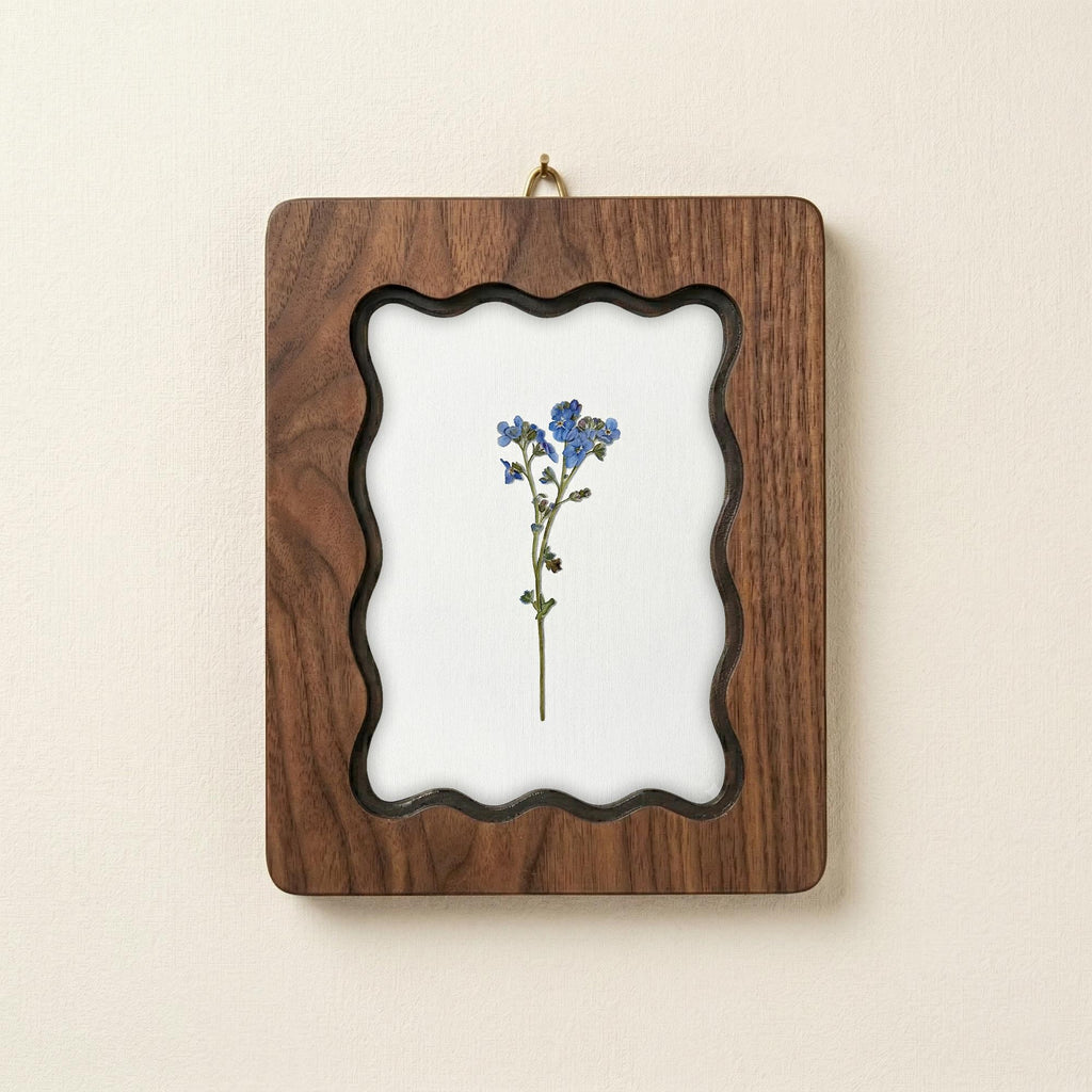 Blue Forget Me Not Pressed Flower Wall Art, Scalloped Walnut Plywood Frame, Botanical Wildflower Home Decor, 3-Layer Wood Floral Artwork