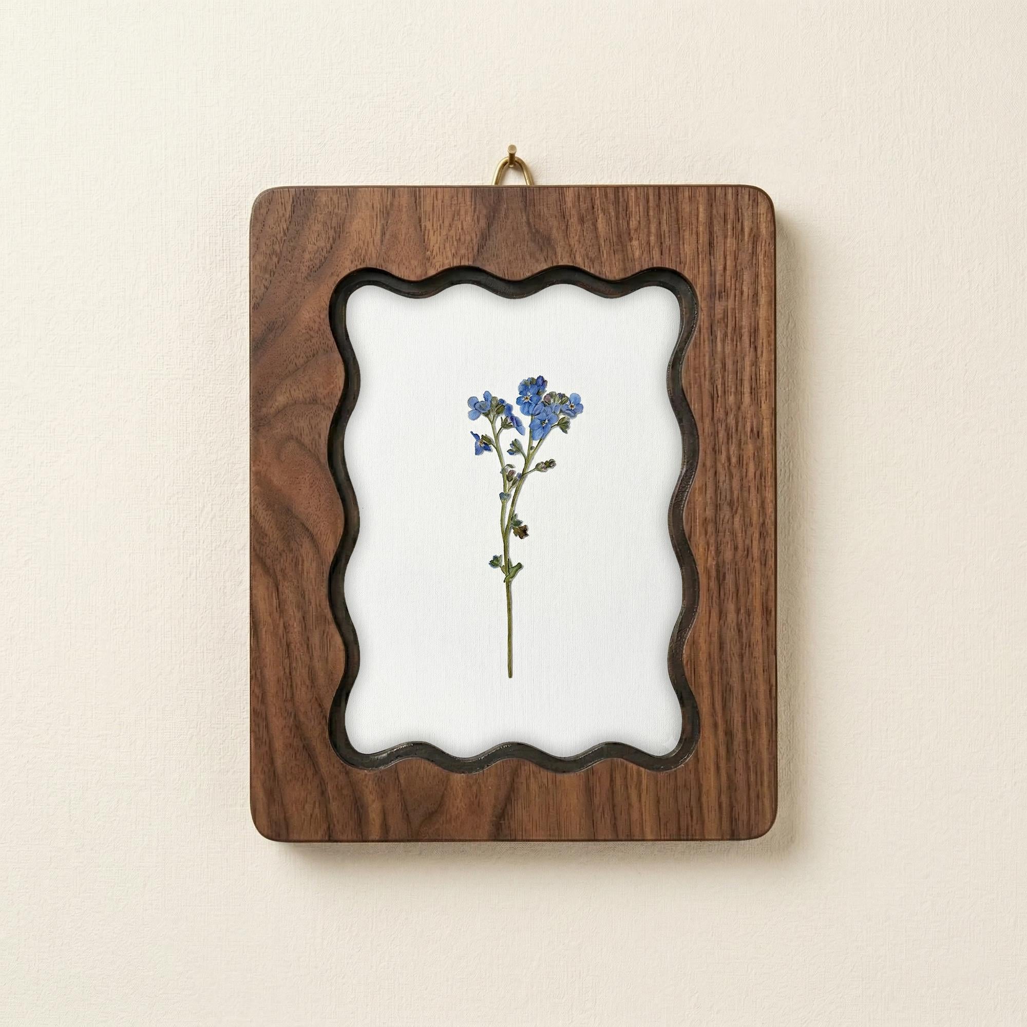 Blue Forget Me Not Pressed Flower Wall Art, Scalloped Walnut Plywood Frame, Botanical Wildflower Home Decor, 3-Layer Wood Floral Artwork