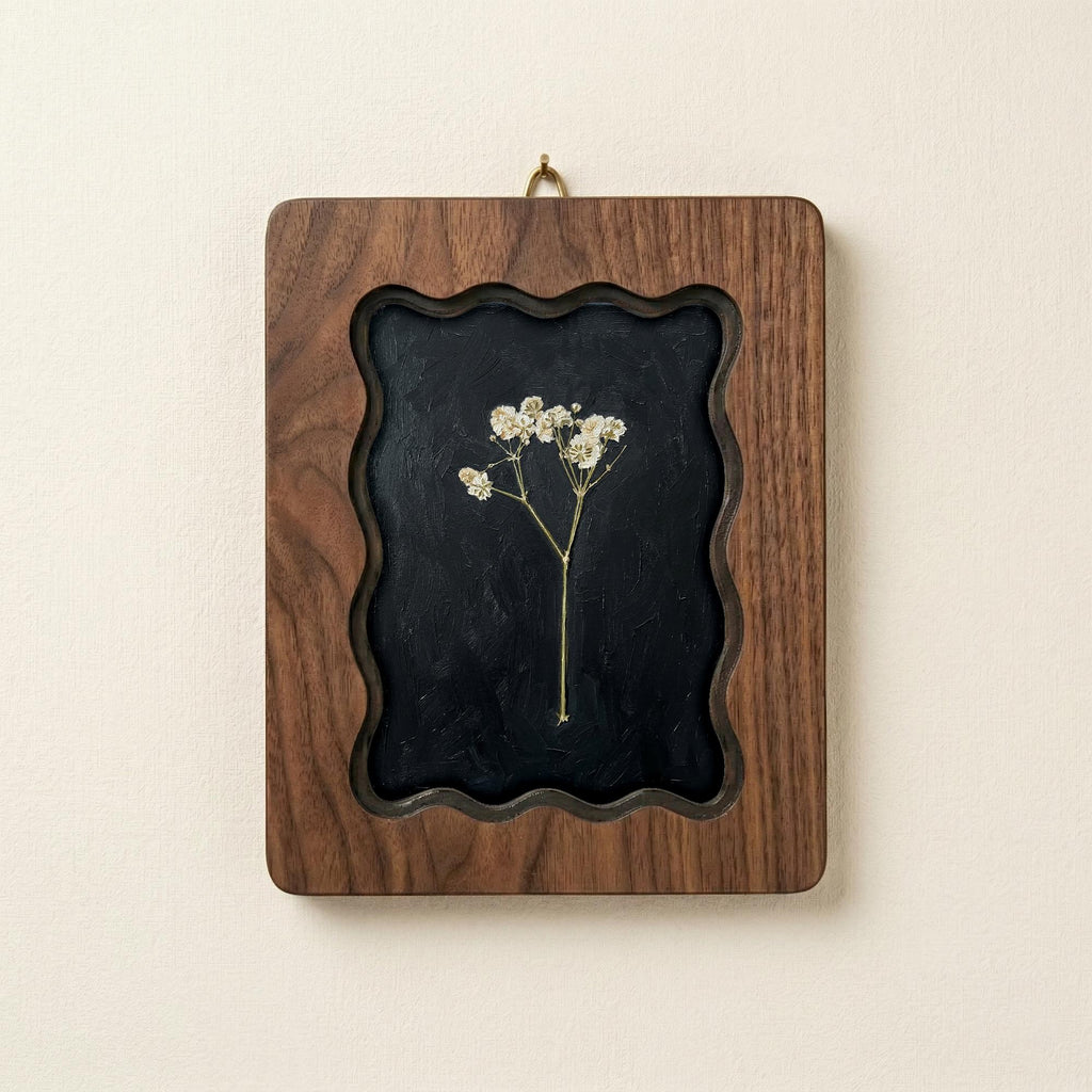 White Baby‘s Breath Pressed Flower Wall Art, Scalloped Walnut Plywood Frame, Moody Dark Botanical Decor, 3-Layer Wood Floral Frame Gift