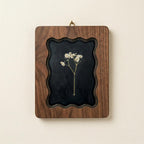 White Baby‘s Breath Pressed Flower Wall Art, Scalloped Walnut Plywood Frame, Moody Dark Botanical Decor, 3-Layer Wood Floral Frame Gift