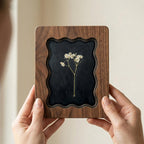 White Baby‘s Breath Pressed Flower Wall Art, Scalloped Walnut Plywood Frame, Moody Dark Botanical Decor, 3-Layer Wood Floral Frame Gift