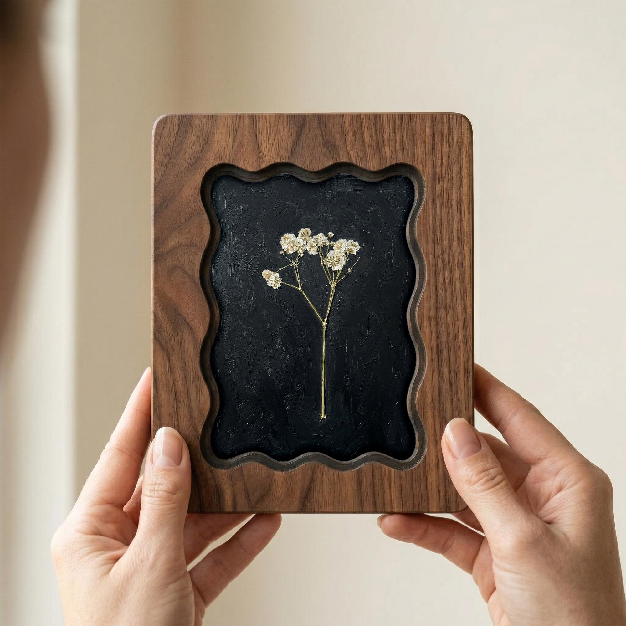 White Baby‘s Breath Pressed Flower Wall Art, Scalloped Walnut Plywood Frame, Moody Dark Botanical Decor, 3-Layer Wood Floral Frame Gift