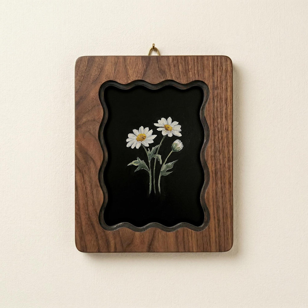 White Daisy Flower Wall Art, Scalloped Walnut Plywood Frame, Dark Moody Botanical Decor, 3-Layer Wood Floral Art, Hand-Drawn Daisy Gift