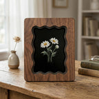 White Daisy Flower Wall Art, Scalloped Walnut Plywood Frame, Dark Moody Botanical Decor, 3-Layer Wood Floral Art, Hand-Drawn Daisy Gift
