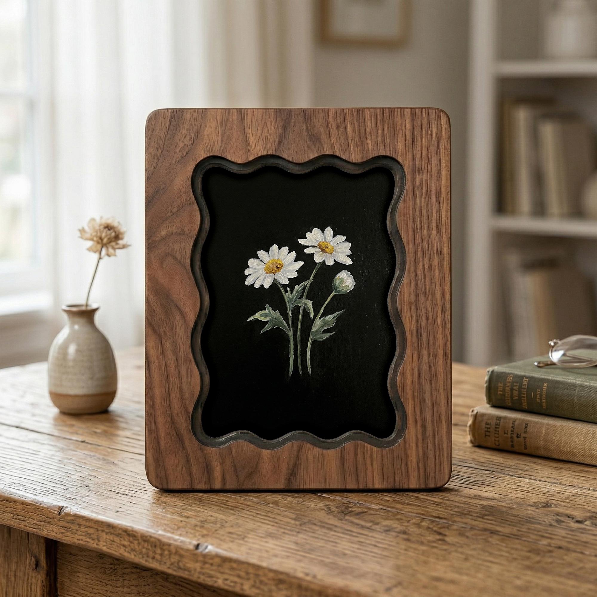 White Daisy Flower Wall Art, Scalloped Walnut Plywood Frame, Dark Moody Botanical Decor, 3-Layer Wood Floral Art, Hand-Drawn Daisy Gift