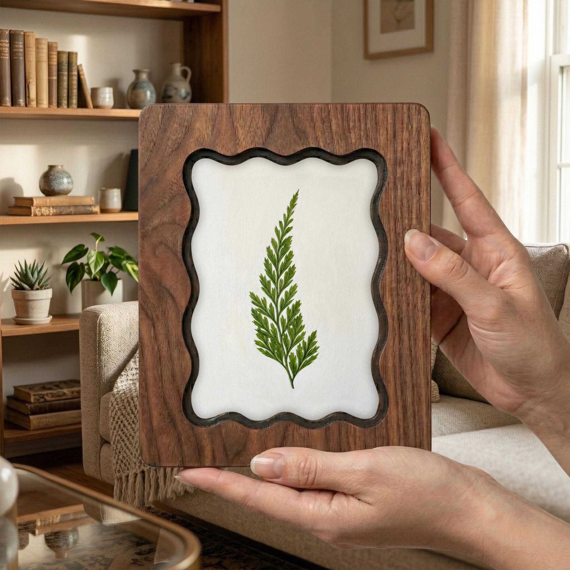 Green Fern Leaf Pressed Wall Art, Scalloped Walnut Plywood Frame, Botanical Fern Home Decor, 3-Layer Wood Foliage Artwork, Nature Lover Gift