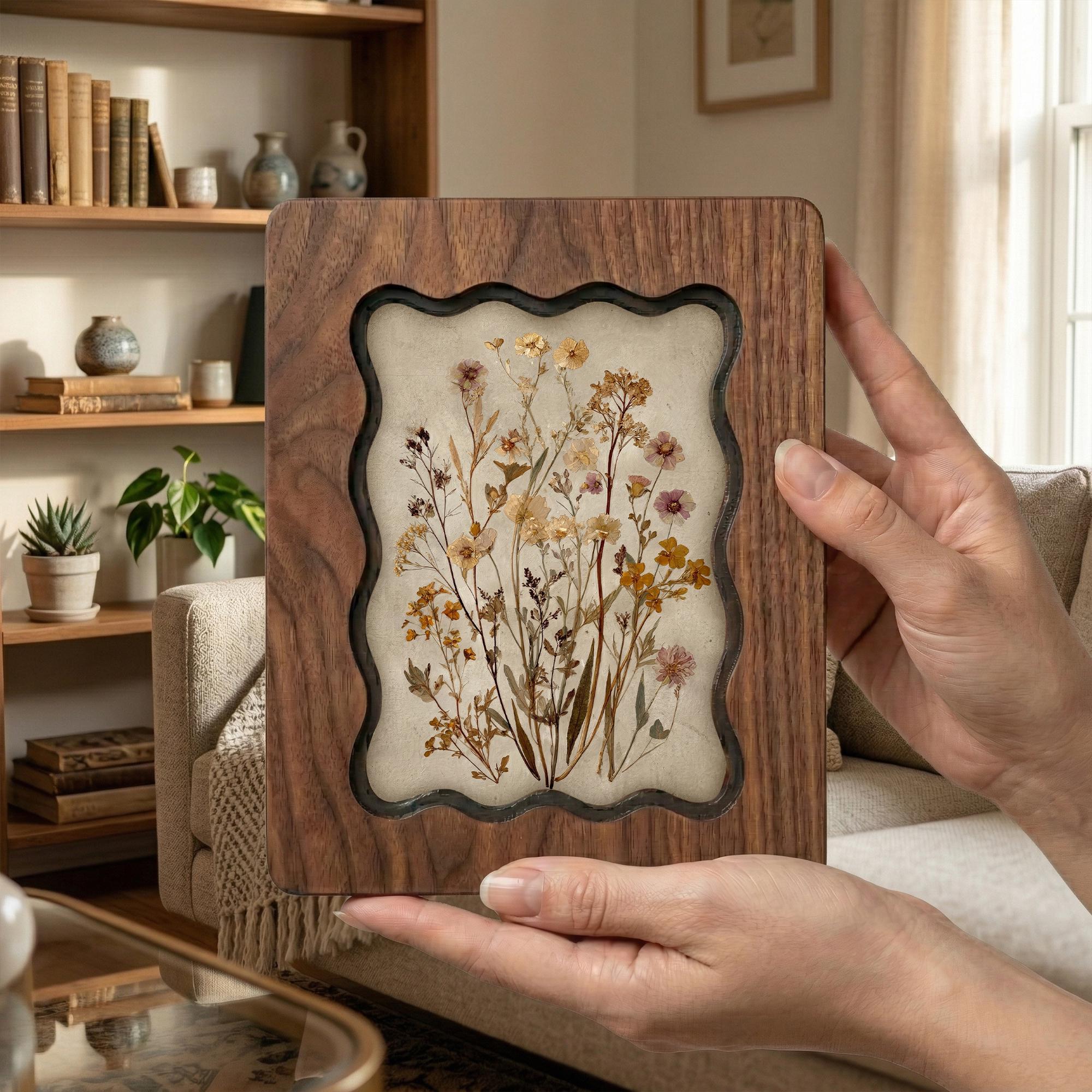 Dried Wildflower Bouquet Wall Art, Scalloped Walnut Plywood Frame, Autumn Floral Botanical Decor, 3-Layer Wood Herbarium, Country Home Gift