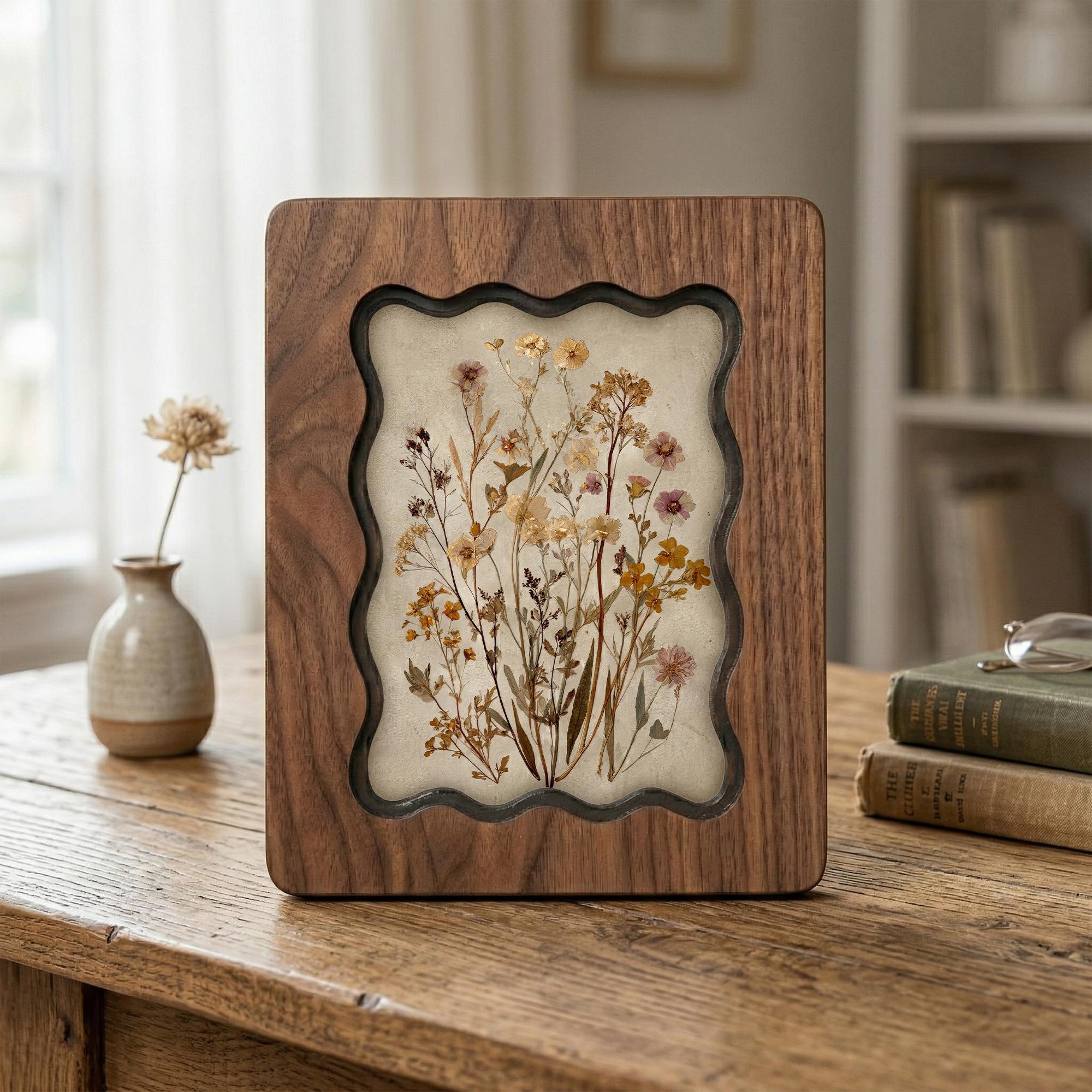 Dried Wildflower Bouquet Wall Art, Scalloped Walnut Plywood Frame, Autumn Floral Botanical Decor, 3-Layer Wood Herbarium, Country Home Gift