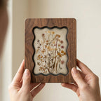 Dried Wildflower Bouquet Wall Art, Scalloped Walnut Plywood Frame, Autumn Floral Botanical Decor, 3-Layer Wood Herbarium, Country Home Gift