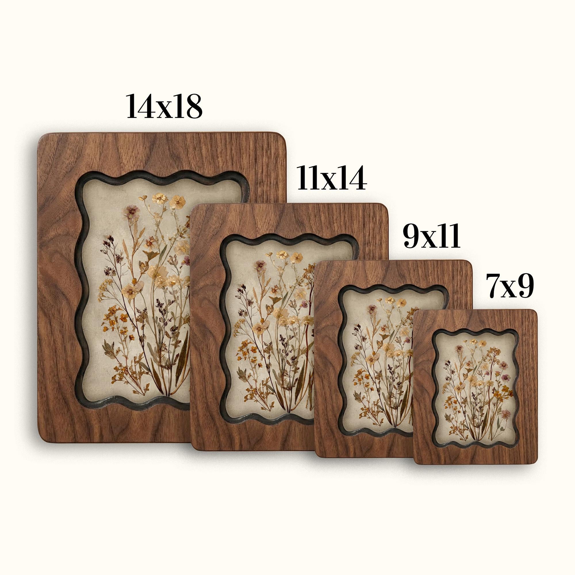 Dried Wildflower Bouquet Wall Art, Scalloped Walnut Plywood Frame, Autumn Floral Botanical Decor, 3-Layer Wood Herbarium, Country Home Gift