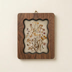 Dried Wildflower Bouquet Wall Art, Scalloped Walnut Plywood Frame, Autumn Floral Botanical Decor, 3-Layer Wood Herbarium, Country Home Gift