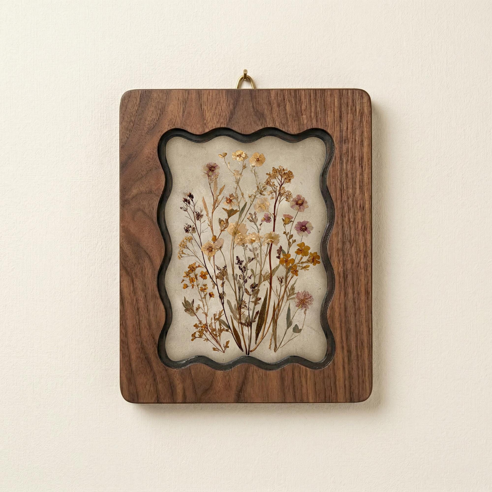 Dried Wildflower Bouquet Wall Art, Scalloped Walnut Plywood Frame, Autumn Floral Botanical Decor, 3-Layer Wood Herbarium, Country Home Gift