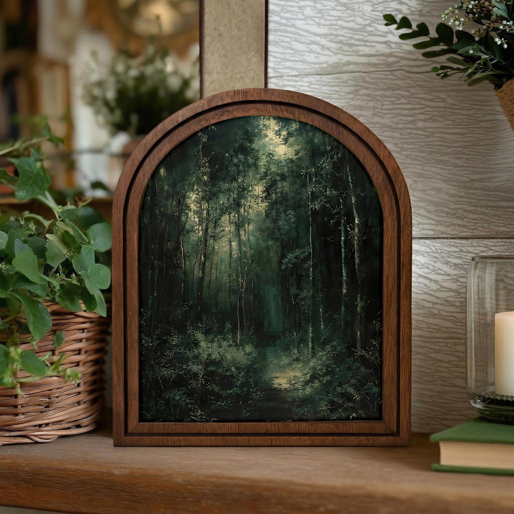 Nature Landscape Art, Dark Forest Painting, Moody Woods Wall Art, Cottagecore Decor, Rustic Wood Canvas, Vintage Greenery Print, Gift Art