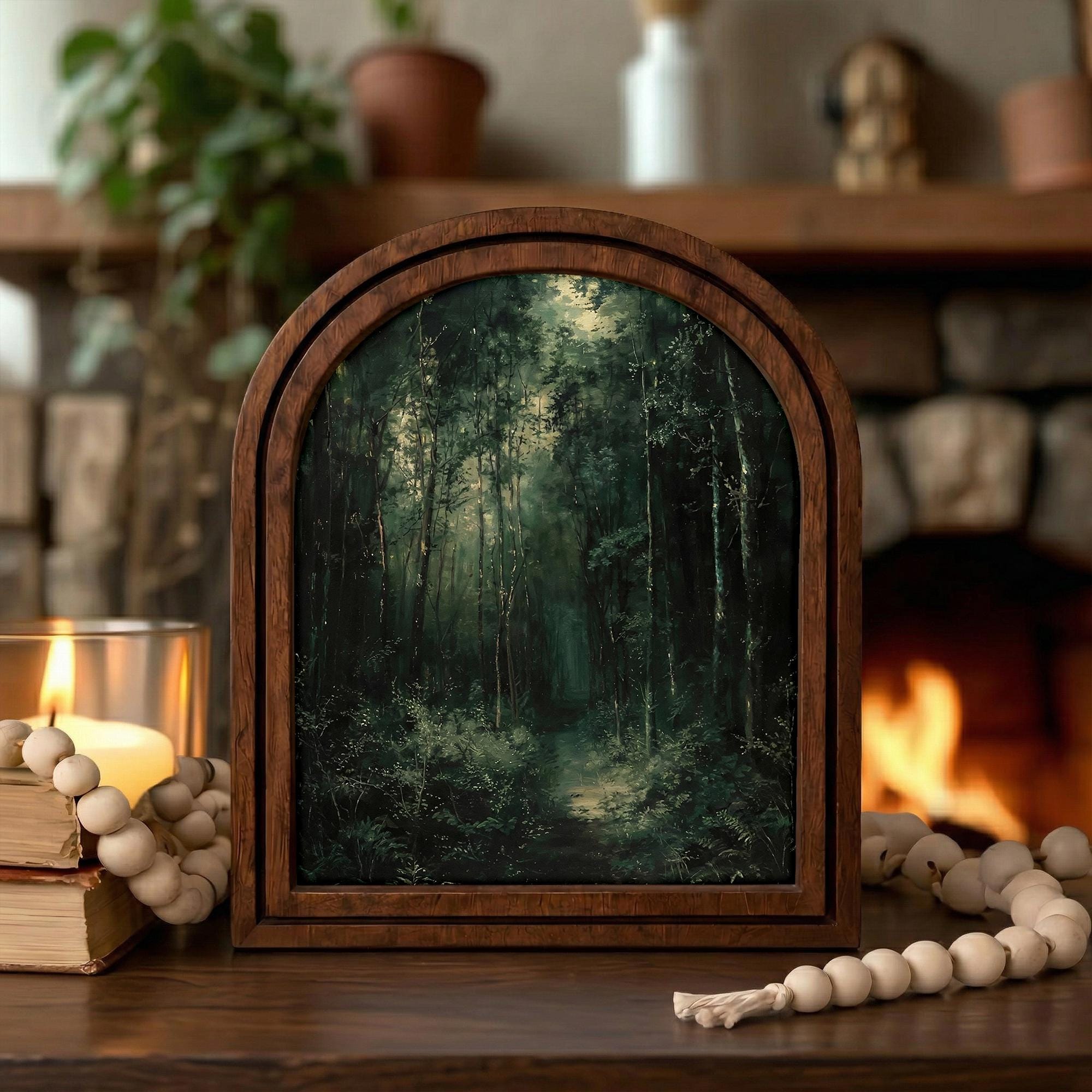 Nature Landscape Art, Dark Forest Painting, Moody Woods Wall Art, Cottagecore Decor, Rustic Wood Canvas, Vintage Greenery Print, Gift Art