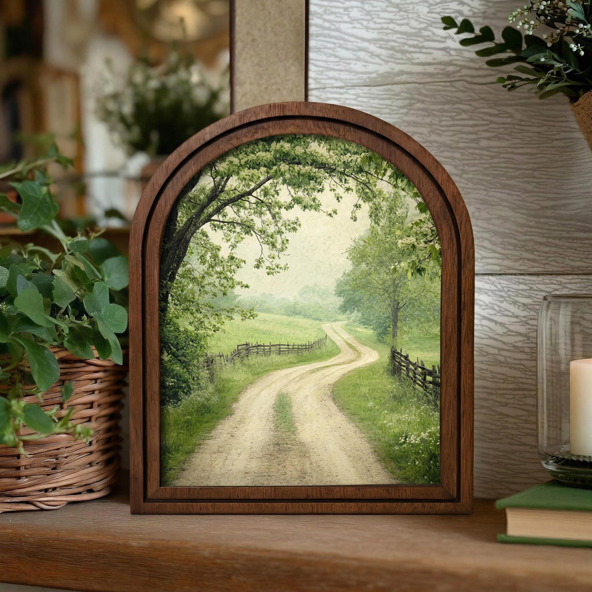 Nature Landscape Art, Farmhouse Wall Art, Country Road Painting, Cottagecore Decor, Rustic Wood Canvas, Scenic Greenery Print, Tabletop Gift