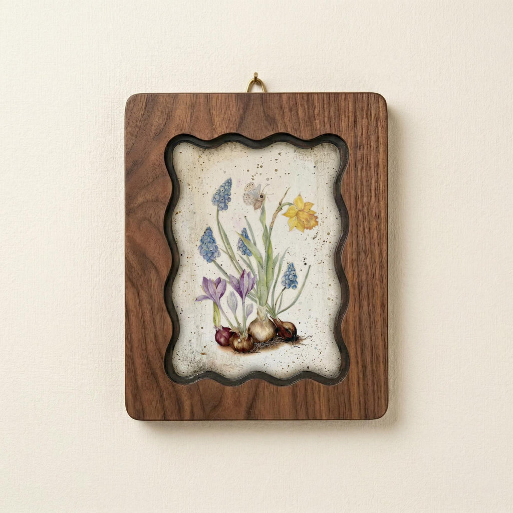 Handmade Scalloped Wood Frame, Botanical Bulb Watercolor Print, 3-Layer Plywood Wall Art, Spring Flowers Decor: 7x9, 9x11, 11x14, 14x18