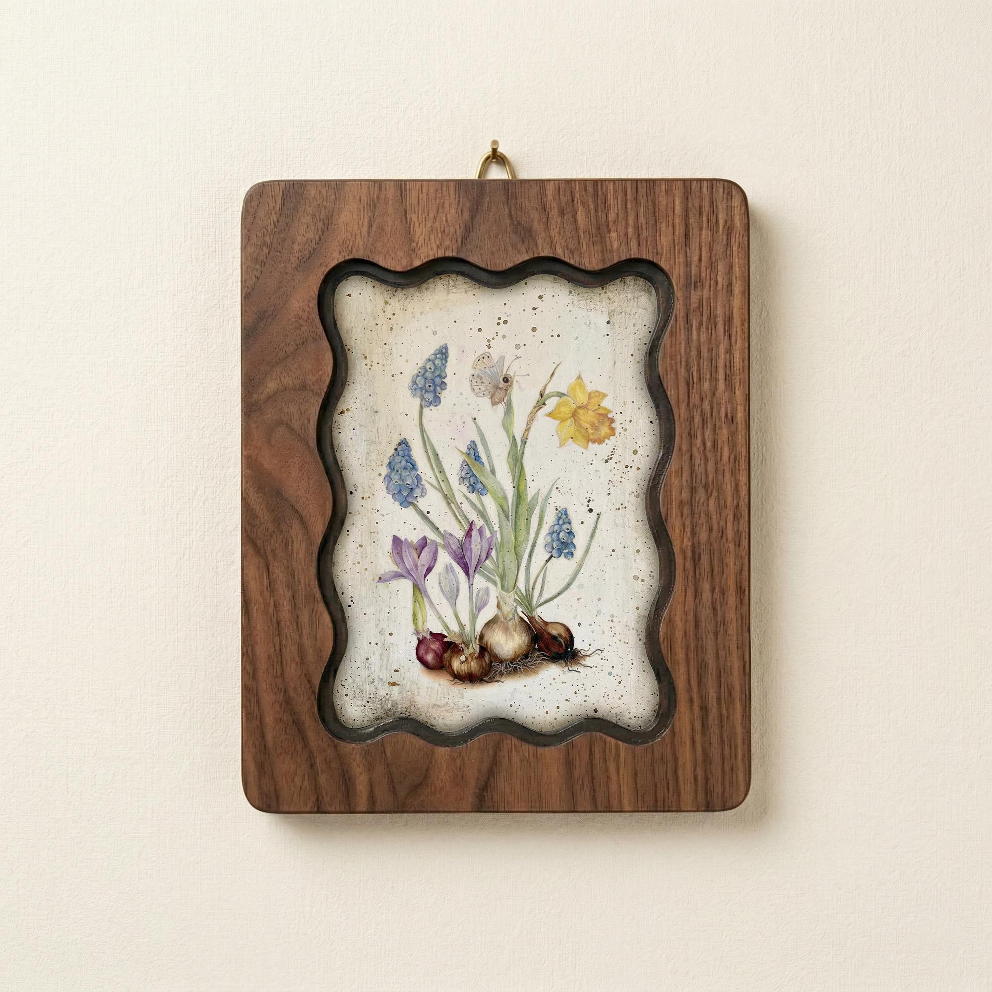 Handmade Scalloped Wood Frame, Botanical Bulb Watercolor Print, 3-Layer Plywood Wall Art, Spring Flowers Decor: 7x9, 9x11, 11x14, 14x18