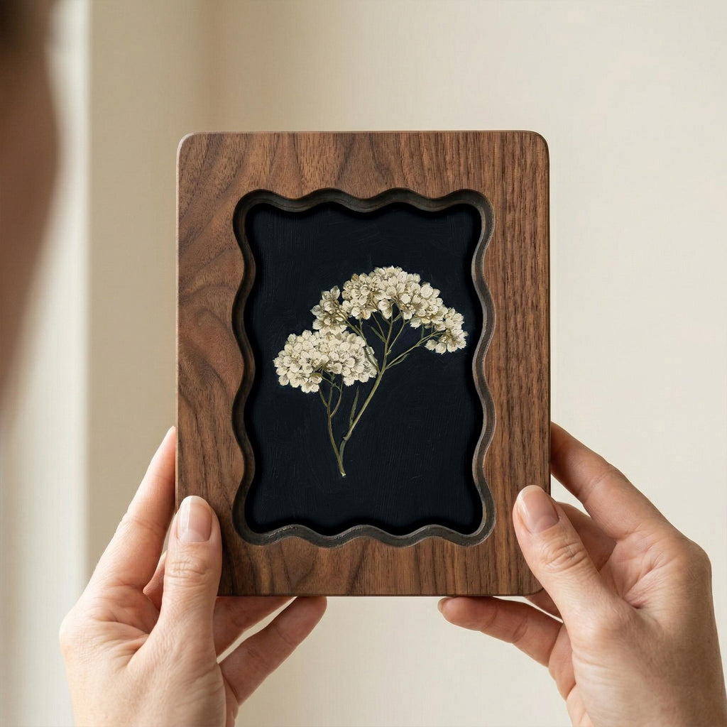 Framed Pressed Flower Wall Art, 3-Layer Plywood Scalloped Wood Frame, Botanical Herbarium Decor, Minimalist Floral Art Print, Gift for Her
