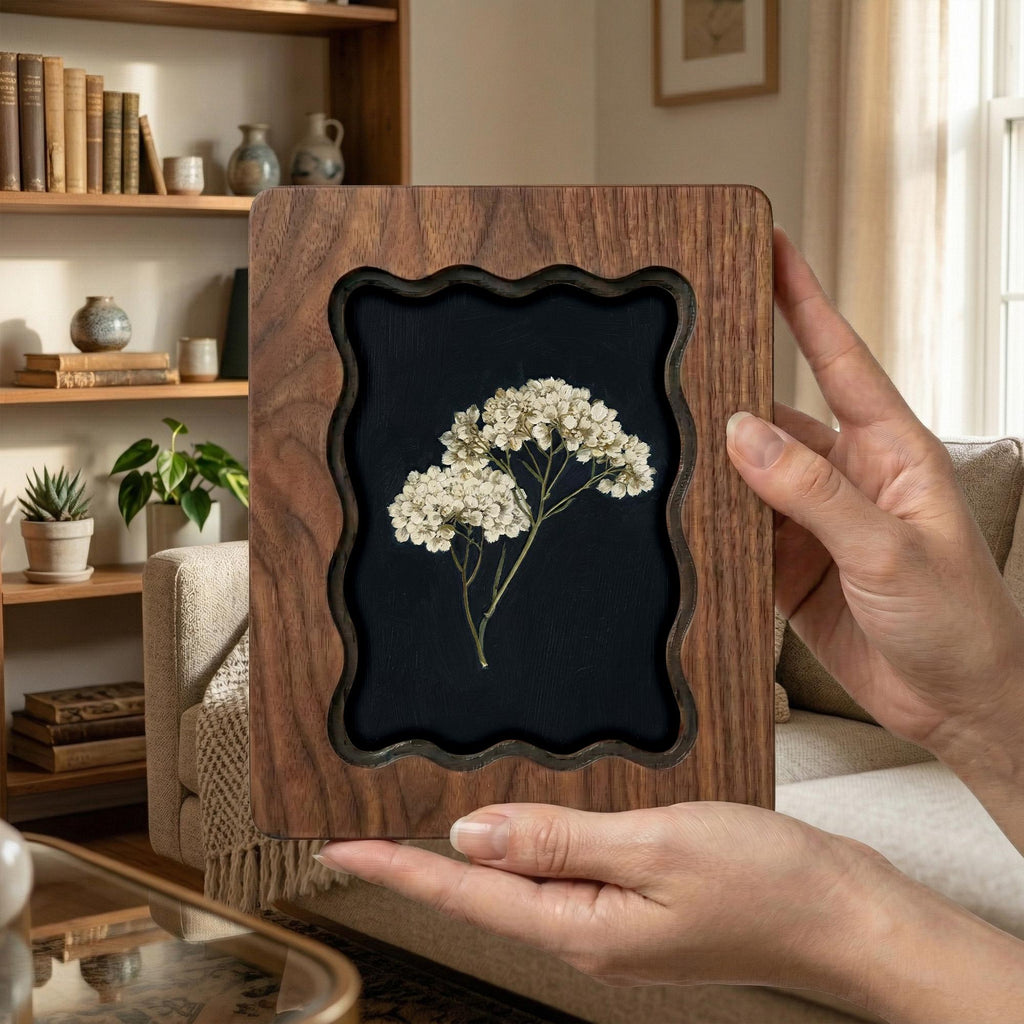 Framed Pressed Flower Wall Art, 3-Layer Plywood Scalloped Wood Frame, Botanical Herbarium Decor, Minimalist Floral Art Print, Gift for Her
