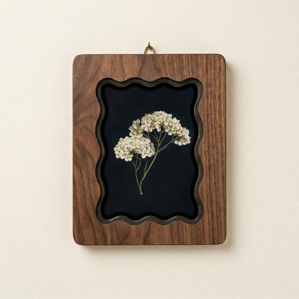 Framed Pressed Flower Wall Art, 3-Layer Plywood Scalloped Wood Frame, Botanical Herbarium Decor, Minimalist Floral Art Print, Gift for Her