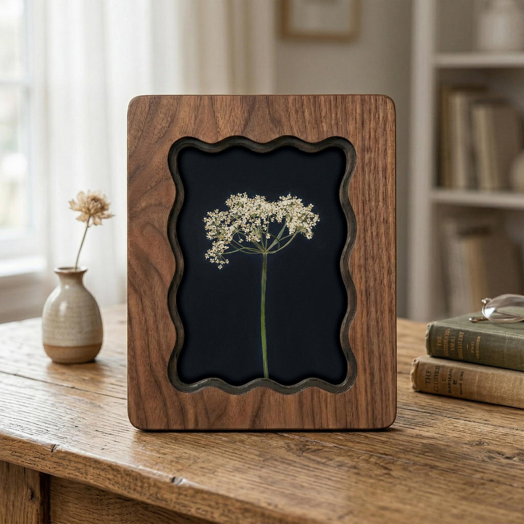 Pressed Flower Art in Scalloped Wood Frame, Botanical Herbarium Wall Decor, 3-Layer Plywood Floral Print, Minimalist Nature Gift for Her