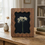 Pressed Flower Art in Scalloped Wood Frame, Botanical Herbarium Wall Decor, 3-Layer Plywood Floral Print, Minimalist Nature Gift for Her