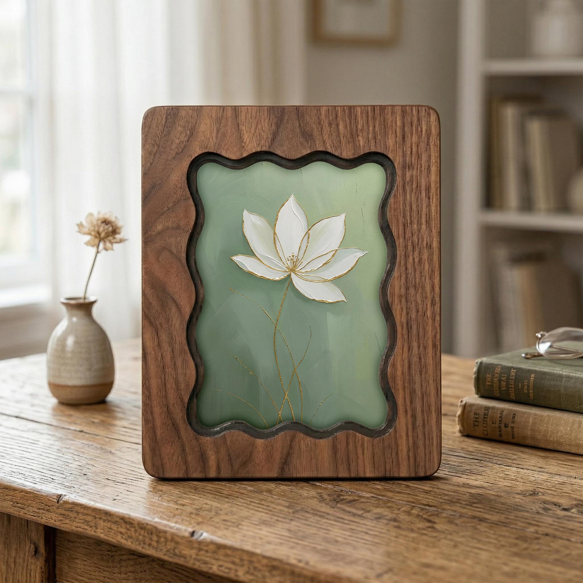 Lotus Flower Wood Wall Art, 3D Layered Plywood Floral Decor, Zen Flower Painting in Scalloped Wooden Frame, Minimalist Botanical Home Gift